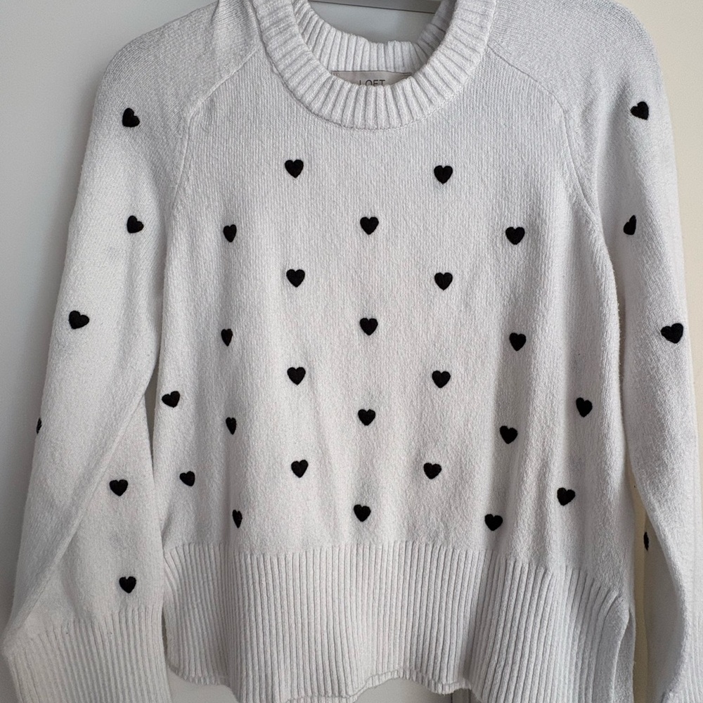 LOFT Ivory Sweater with Black Heart Patterns